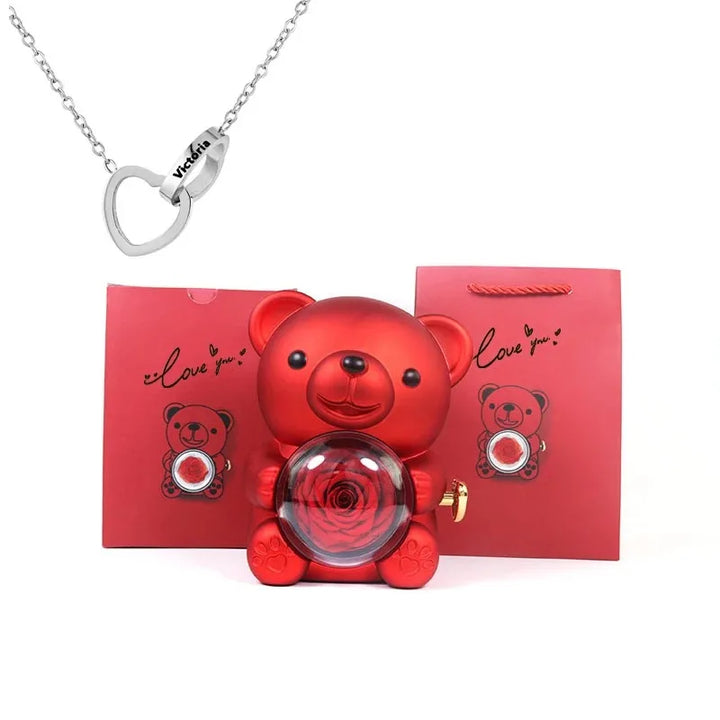 Customizable Love Duet Necklace + Bear with Eternal Rose