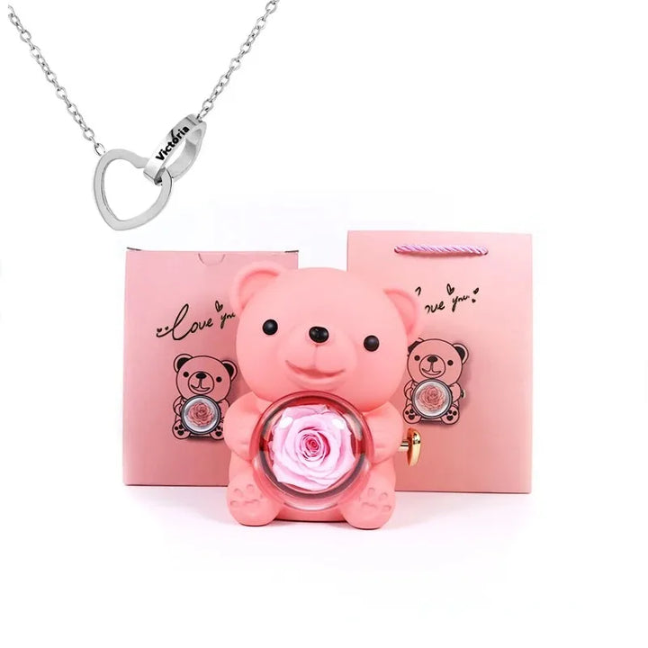 Customizable Love Duet Necklace + Bear with Eternal Rose