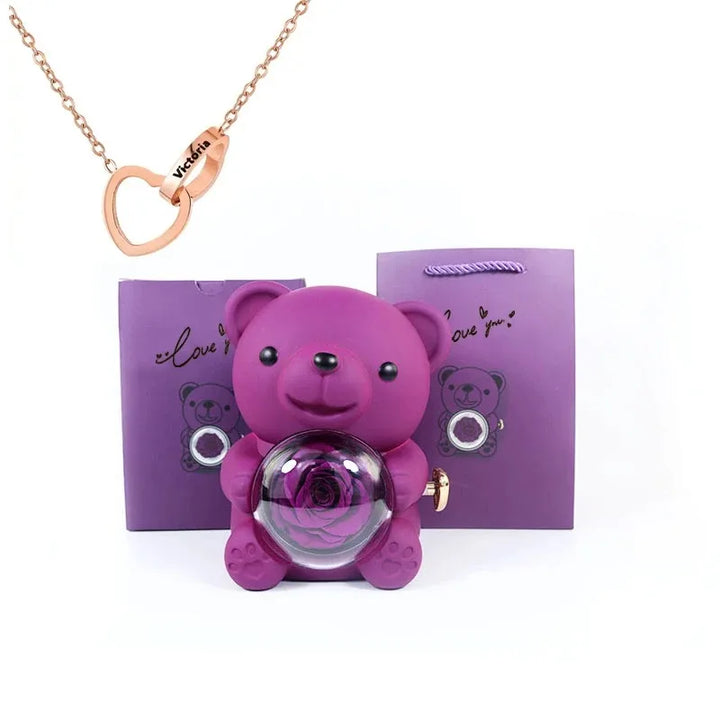 Customizable Love Duet Necklace + Bear with Eternal Rose