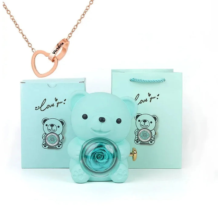 Customizable Love Duet Necklace + Bear with Eternal Rose