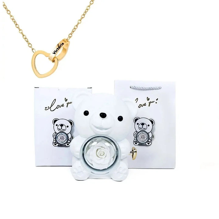 Customizable Love Duet Necklace + Bear with Eternal Rose