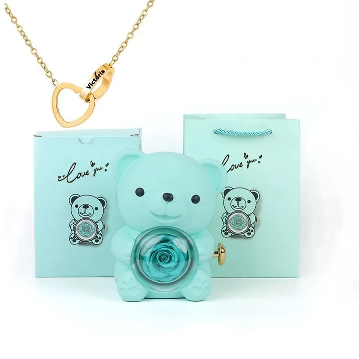 Customizable Love Duet Necklace + Bear with Eternal Rose