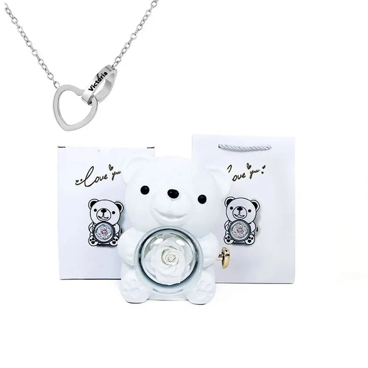 Customizable Love Duet Necklace + Bear with Eternal Rose