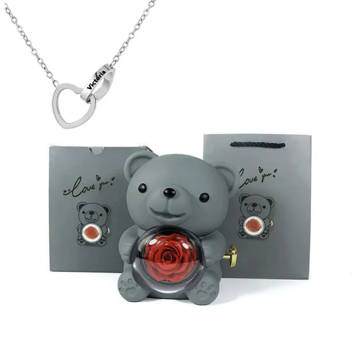 Customizable Love Duet Necklace + Bear with Eternal Rose