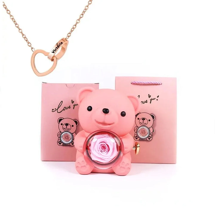 Customizable Love Duet Necklace + Bear with Eternal Rose