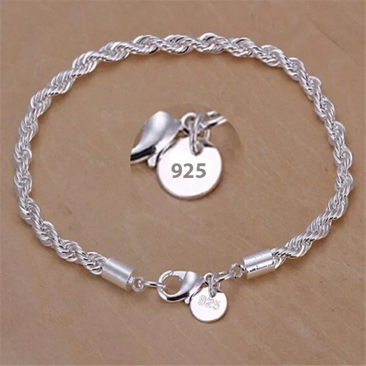 Pulseira de corda torcida de prata esterlina 925 4MM