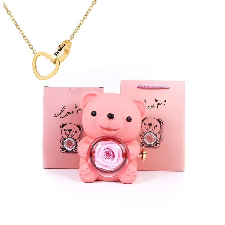 Customizable Love Duet Necklace + Bear with Eternal Rose